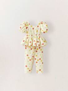 THE HAPPY LOOK Young Girls Colorful Flower Print Loose Casual Puff Sleeve Square Neck A-Line Shirt & Pants Sets, Casual Style