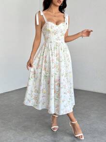 SHEIN PETITE 浪漫花卉印花肩带系腰女式夏季长裙、夏季女式连衣裙、布里奇顿风格连衣裙、花卉连衣裙 - 白色 - 查看 7