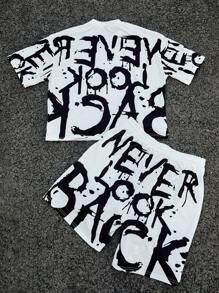 Manfinity EMRG Men's Youthful Street INS Black And White Color Block Oversized Letter Splash Ink Graffiti Digital Print Short Loose Fit Round Neck T-Shirt And Shorts Set , Men Two Pieces Outfits ,Rapper