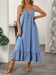 SHEIN LUNE 女式休闲牛仔连衣裙，带荷叶边下摆，可调节细肩带，夏季 - 藍色 - 查看 3