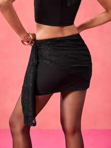 Yelly Gray Designer Black Lace Tie Low Waist Blocked Mini Skirt Festival - Black - View 2