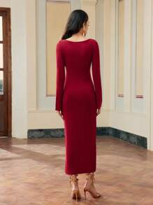 ZEYLAH Women's Asymmetric TWIST  NECK WITH Metal Button SLIT FITTED  DRESS FOR Valentine's Day OUTFIT, LONG SLEEVES , BELL SLEEVE DRESS, FOUR WAY STRETCH KNIT FABRIC - Red - View 6