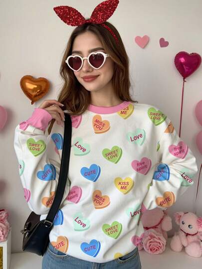 SHEIN EZwear Áo nỉ dáng rộng cổ tròn họa tiết trái tim tối giản giản dị dành cho nữ, thiết kế Valentine ngọt ngào, thích hợp cho mùa xuân/hè, thu/đông