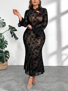 SHEIN Privé Plus Size Women Elegant Sexy Party Black Floral Flocked Flocked Mesh Stand Collar Hollow-Out 3D Flower Decor Bell Sleeve Bodycon Mermaid Dress, Spring/Autumn