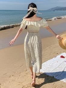 DAZY 1 Set Women Dot Pattern Off-Shoulder Ruffle Top & Skirt Two-Piece Outfit - Beige - View 2