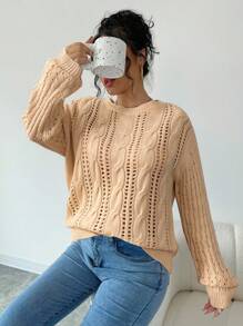 SHEIN Unity Casual Solid Color Hollow Knit Drop Shoulder Sweater Knit Pullover Fall Winter Sweater - Khaki - View 1