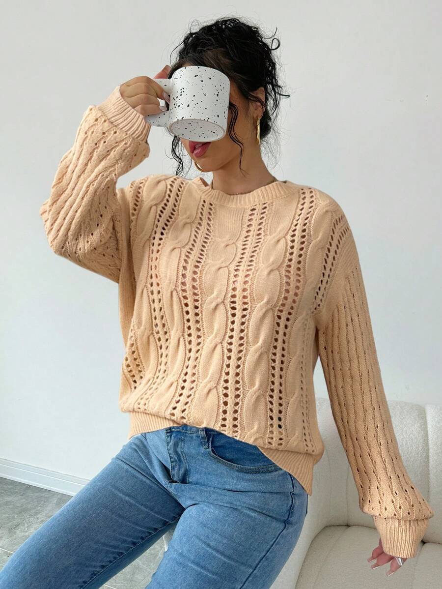 SHEIN Unity Casual Solid Color Hollow Knit Drop Shoulder Sweater Knit Pullover Fall Winter Sweater - Khaki - View 1