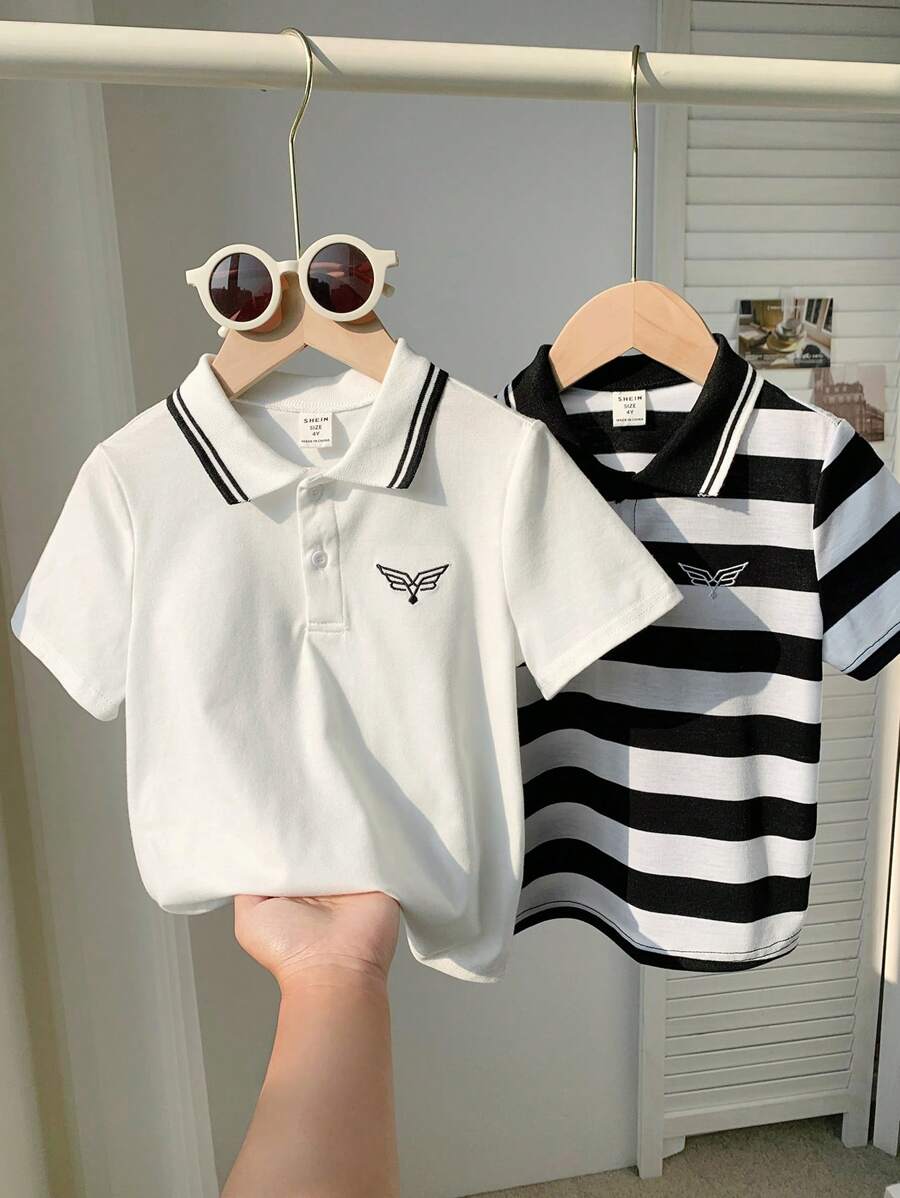 SHEIN Leap Crew Bộ 2 áo polo thể thao thường ngày cho bé trai, kiểu dáng cổ điển sọc đen trắng, thiết kế có túi phẳng và cổ bẻ, áo thun thể thao thoải mái cho trẻ em, thích hợp cho mùa tựu trường, tiệc sinh nhật, sự kiện buổi tối, biểu diễn, đám cưới, lễ rửa tội, lễ khai trương, mặc hàng ngày, đi học, du lịch, thể thao, mùa xuân và mùa hè. - Đen và trắng - Xem 1