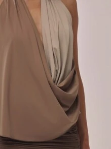 MUSERA 性感撞色垂褶上衣，适合夏季、秋季、冬季和圣诞节穿着。 - 棕色 - 查看 5