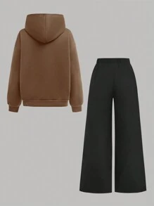 Girlism Teen Girls Casual Vintage American Graphic Print Hooded Sweatshirt And Drawstring Waist Loose Fit Cargo Pants/Wide Leg Pants 2 Pieces Set, Suitable For College, Outdoor Sports, Streetwear, Thanksgiving, New Year