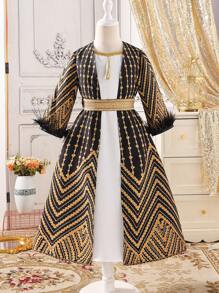 2pcs/Set Young Girl Faux Fur Patchwork Long Sleeve Simple Jacket And Dress - Multicolor - View 4