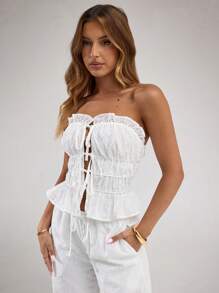 SHEIN BAE Spring And Summer Solid White Fungus Front Tie Embroidered Pattern Tube Top Suitable For Holidays, Seaside Parties, Summer Tops,Summer For Women,Beach For Woman,Beach Tops,Women Spring Tops,Going Out - White - View 7