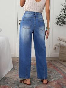 SHEIN Tall Women's Mid-Waist Asymmetric Split Boyfriend Jeans, Loose Y2K Style - Blue - View 2