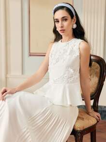 ZEYLAH WOMEN'S SLEEVELESS LACE PEPLUM BLOUSE, SPRING SUMMER - White - View 1