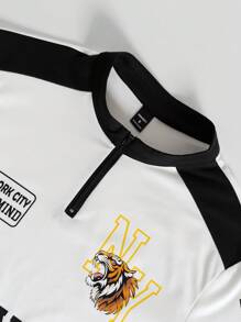 Manfinity Roghcode 男士纯色拼布前拉链字母图案 Polo 衫，夏季时尚街头风格“纽约”“23”印花，适合日常穿着，是送给男朋友和丈夫的完美礼物 - 彩色 - 查看 4