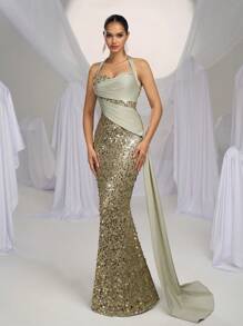 Glamrae Abito elegante, lussuoso e romantico, verde, con grandi paillettes, rifiniture in raso, vestibilità aderente, spacco sul retro, svasato sui lati, adatto per eventi di matrimonio, addio al nubilato, cene di gala, abito da cerimonia, abito da sera, abito da sera elegante - Verde - Visualizzare 3