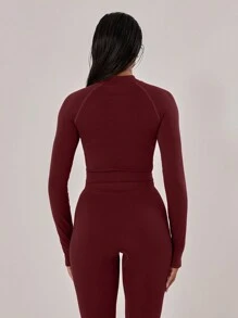 Musera Sport Stitched Seam Detail Cropped Full Zip Long Sleeve Top Jacket, Padel, Tennis, Pickleball Gym Fitness Fall Winter - Burgundy - View 3