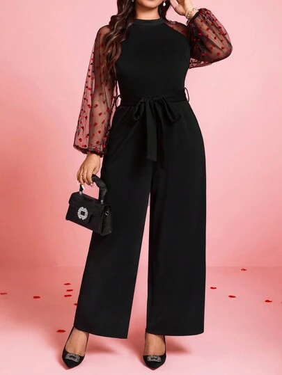 SHEIN Clasi 大码女式透明蕾丝网眼拼布针织束腰连体裤，情人节