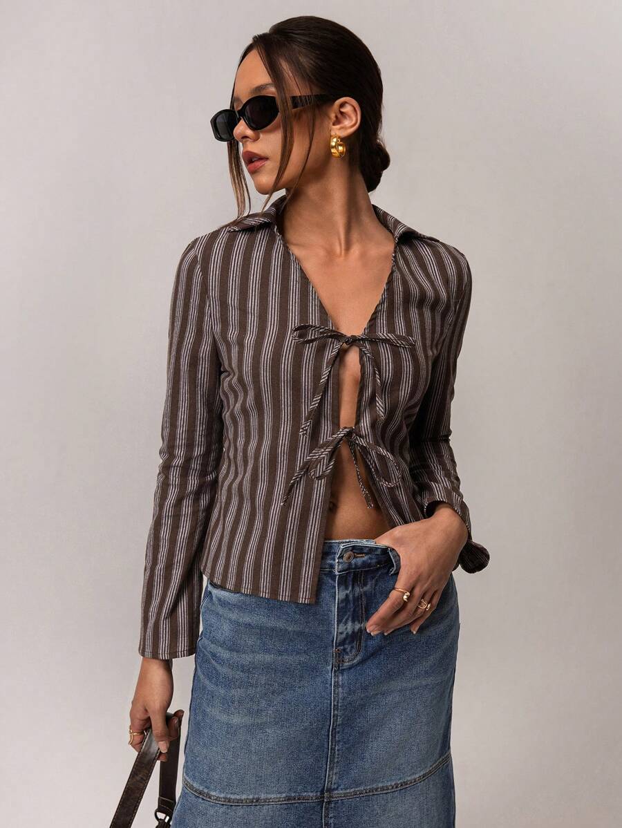 Forever 21 女士休闲通勤条纹系带长袖上衣 - 彩色 - 查看 1