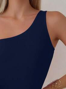 Swim Basics 女士连体纯色不对称无袖修身休闲泳衣 - 藏蓝色 - 查看 3