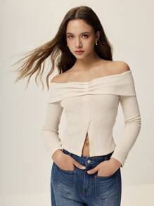 Poéselle Solid Color Off Shoulder Fitted T-Shirt, Simple & Fashionable For Casual Daily Wear