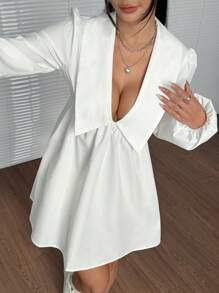 SHEIN EZwear فستان قصير كاجوال نسائي أحادي اللون بأكمام طويلة مجعد وبتصميم بسيط - أبيض - مشاهدة 1