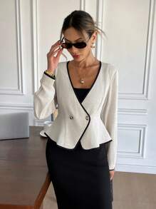 SHEIN Frenchy Áo khoác Blazer dài tay màu trơn thường ngày dành cho nữ, phong cách tối giản cho trang phục hàng ngày, áo khoác vest vải lanh có viền tương phản, eo bó, gấu áo chữ A nhún bèo, áo khoác dài tay có vạt gấp, trang phục không thể thiếu khi đi làm vào mùa thu/đông - Màu be - Xem 4