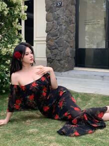 DAZY Đầm dài hở vai đơn giản họa tiết hoa rộng rãi cho nữ - màu đen - Xem 8