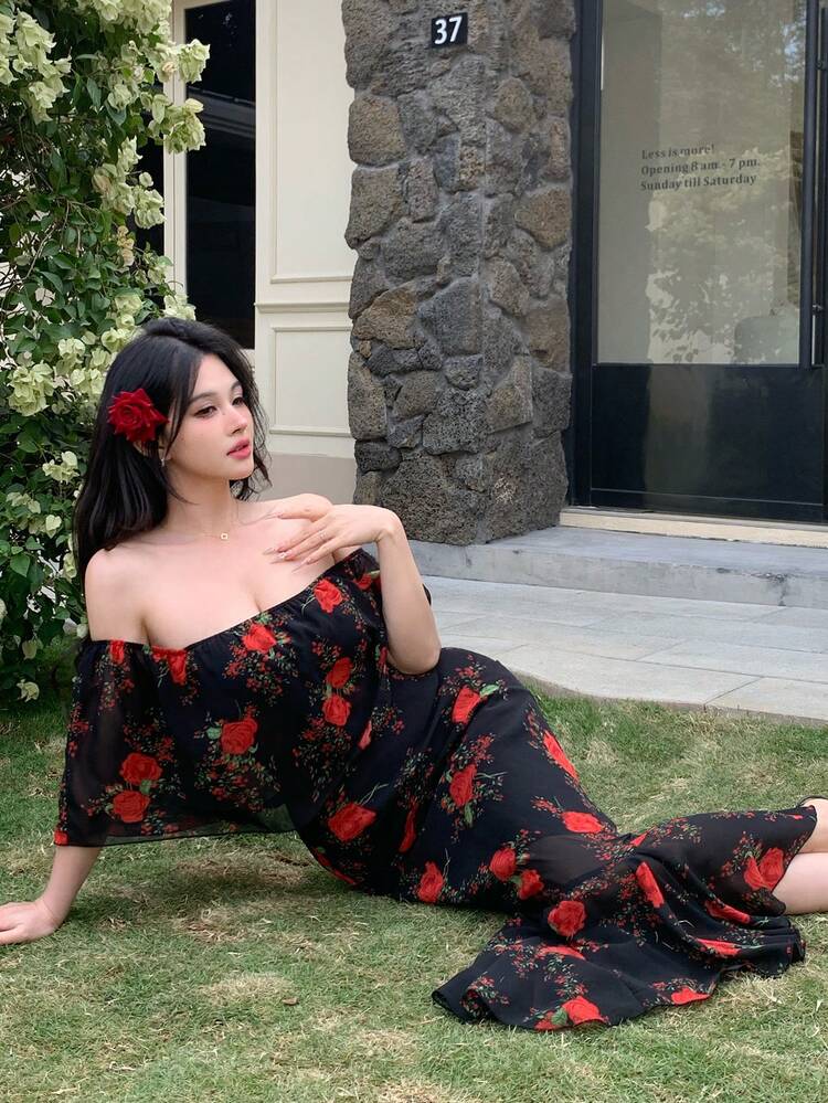 Women's Loose Floral Off Shoulder Simple Fitted Long Dress Sundress