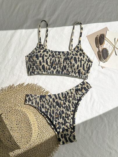 Swim Vcay Summer Beach Holiday Tropical Floral Print Shirred Halter Bikini Set For Summer Beach Vacation, Party