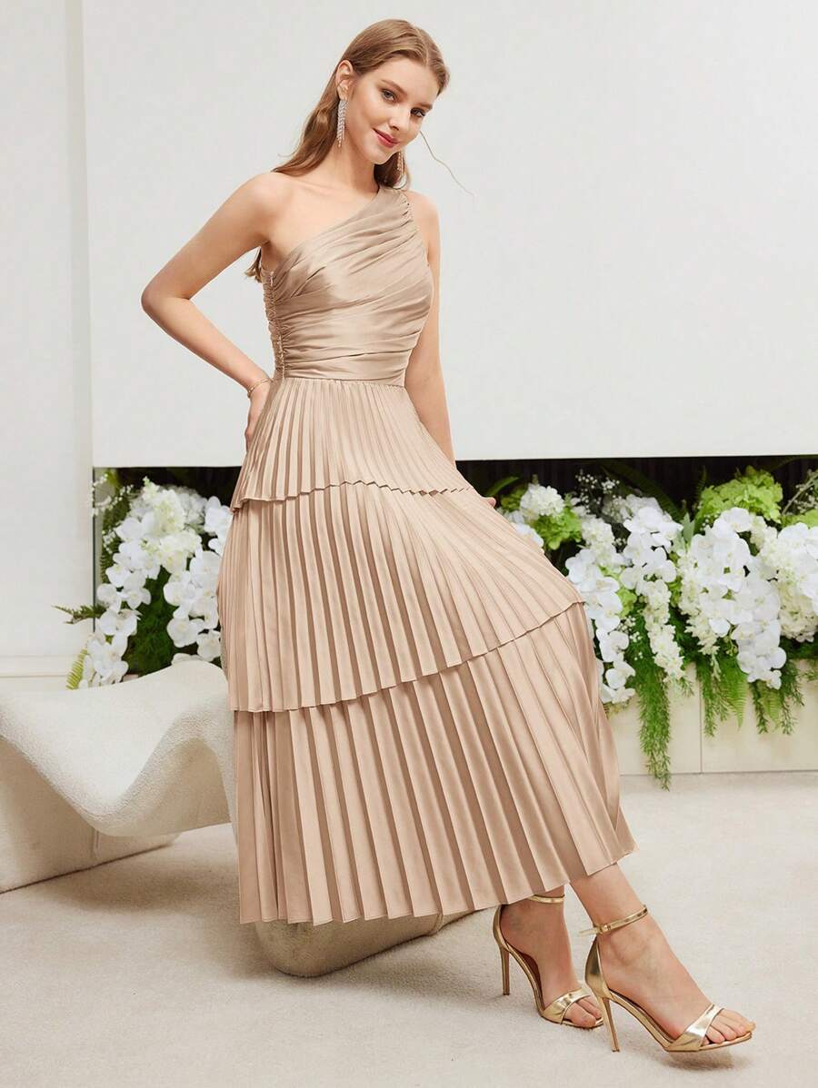 MOTF PREMIUM 褶饰单肩连衣裙 - 卡其色 - 查看 1