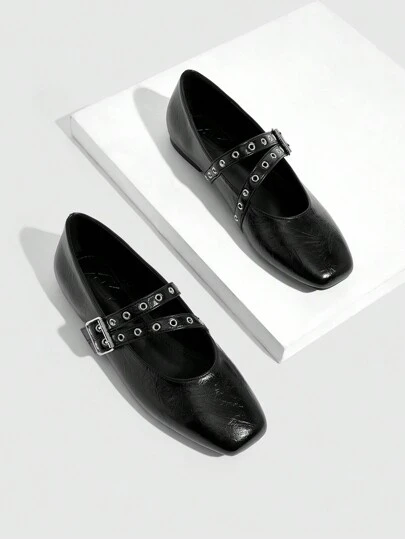 CUCCOO GRLICON Y2K Punk Style Mary Jane Flats, Oily Leather Textured Toe Strap Women Shoes, Suitable For Motorcycle, Cool Girl, Halloween, Christmas, Party Outfits