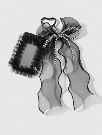 ROMWE Kawaii 1pc Y2K Retro Fashion Chic Goth Style Handmade Beaded Silver CCB Black Glossy Mesh Hollow Bow Lace Acrylic Slide Card Holder DIY Keychain Accessory, Suitable For Office Workers, Students, Daily Wear, Holiday Gift