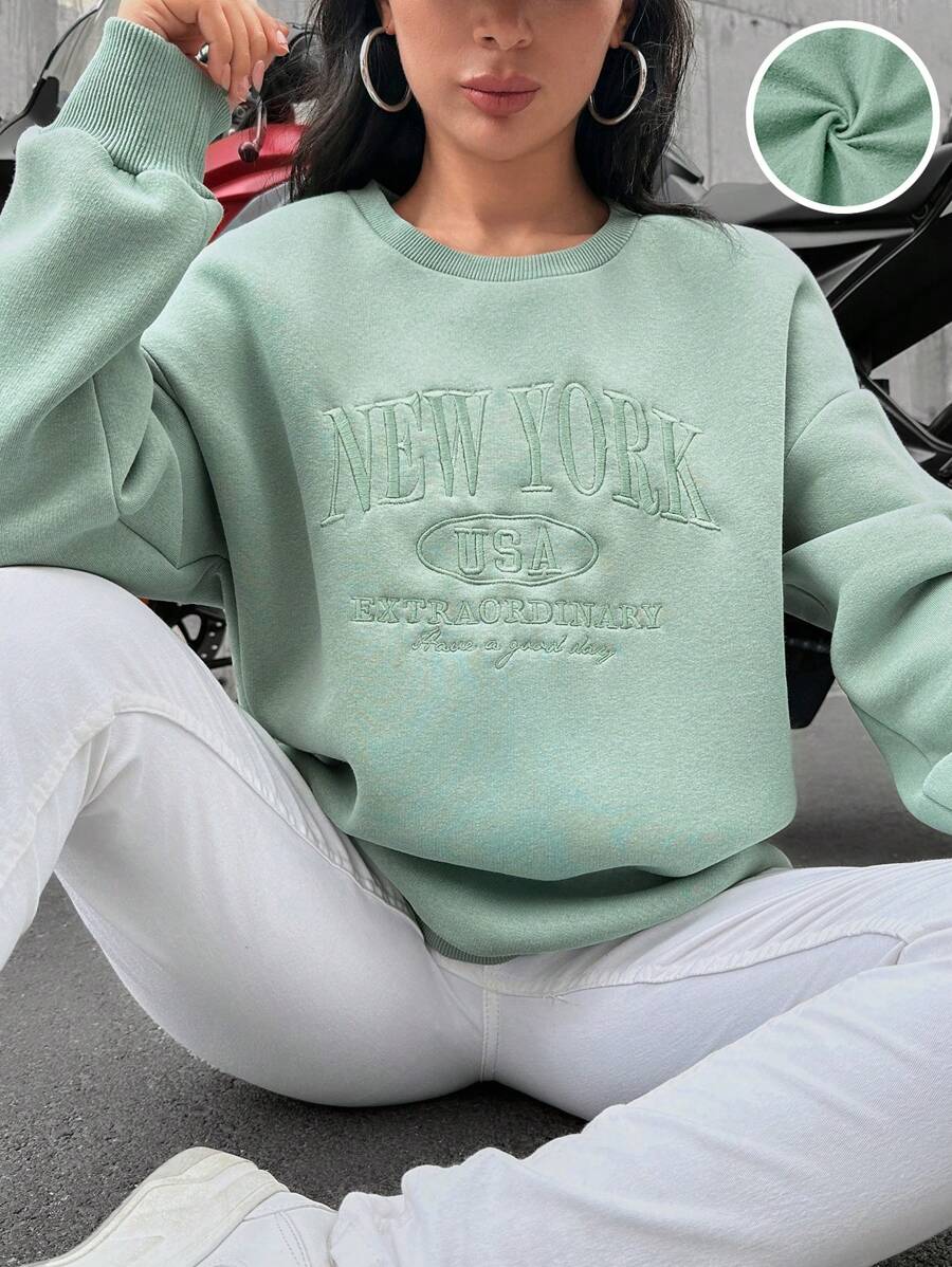 Cotton Letter Embroidery Drop Shoulder Thermal Lined Sweatshirt - Green - View 1