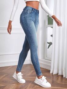 SHEIN Tall Women's Casual Medium Wash Denim Jeans: Long, Ripped Detail, And Zipper Fly - Medium Wash - View 4
