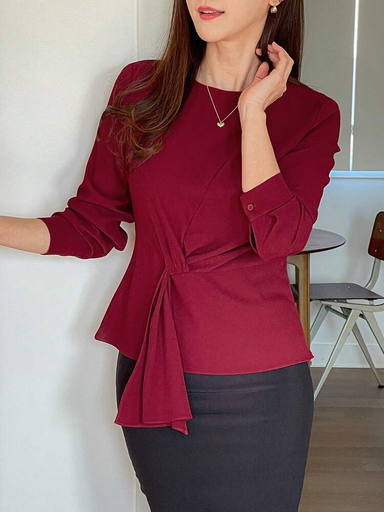Women Elegant Asymmetric Round Neck Blouse,Fall Clothes Long Sleeve Top