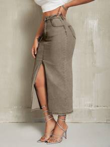 SHEIN SXY Women's Casual Button Front Pocket Slit Denim Midi Skirt