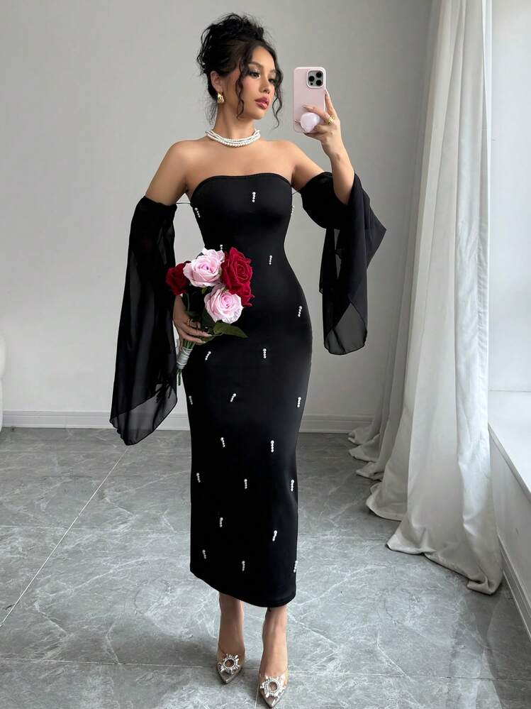 Rafferiza فستان أنثوي أنيق بياقة مكشوفة الكتفين، مطرز بخرز اللؤلؤ الاصطناعي ذو تصميم ضيق وجذاب، بأكمام بيل شفافة من الشيفون لحفلات الاستقبال 2025 جديد - الأسود - مشاهدة 4