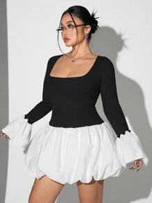 SHEIN ICON 大码拼色方领泡泡袖连衣裙，情人节