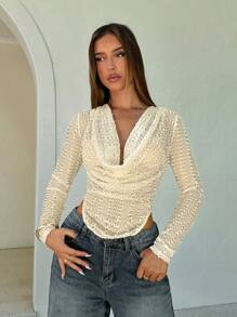 Aloruh Áo thun crop top ren dài tay cổ khoét sâu gợi cảm cho nữ - Màu be - Xem 3