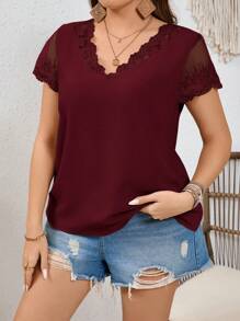 SHEIN Frenchy Plus Size Women's Lace Splicing Short Sleeve Summer Shirt - Burgundy - View 4