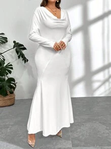 SHEIN Privé Plus Size White Solid Color Bodycon Fish Tail Dress, Elegant Sexy Deep Draped Neck Long Sleeve Tunic Dress, Suitable For Date, Vacation, Spring/Autumn