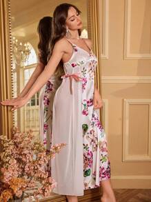 Váy ngủ Maxi lưng cao in hoa bằng lụa giả và lưới cho nữ - trắng - Xem 4