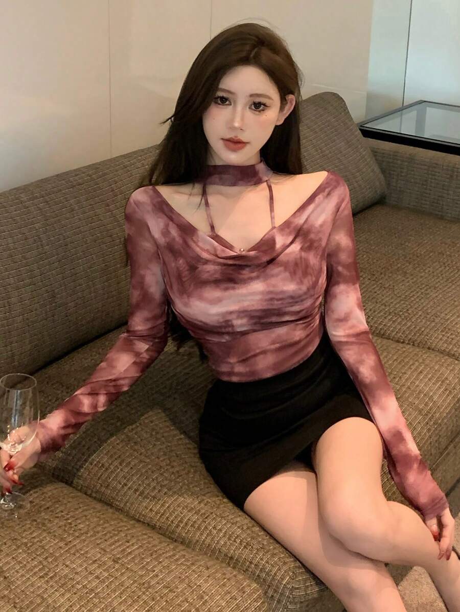 DAZY Tie-Dye All Over Print Halter Neck Self-Tie Cuff Long Sleeve Women Top,Fall Women Clothes - Red Violet - View 1