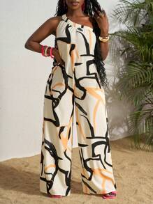 Slaydiva 2025新款夏季度假宽松单肩无袖阔腿印花连体裤 - 彩色 - 查看 4