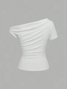 SHEIN Unity 纯色蕾丝拼布斜肩修身短袖不对称领休闲 T 恤上衣 - 白色 - 查看 2