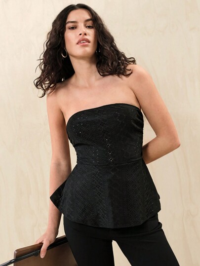 Easelle Eyelet Embroidery Solid Ruffle Hem Tube Top