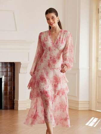 Aveloria Rosie 女士优雅 V 领随机花卉印花雪纺收腰不对称下摆长袖连衣裙