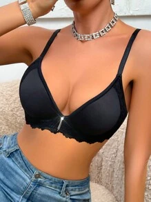 Lace Splicing Thin Cup Unlined Wire Smooth Push-Up Minimizer Bra