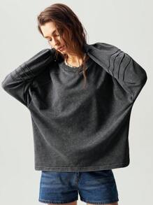 Bohemela Áo nỉ dài tay dáng rộng cổ chữ V màu trơn đơn giản cho nữ vào mùa thu/đông - màu đen - Xem 4